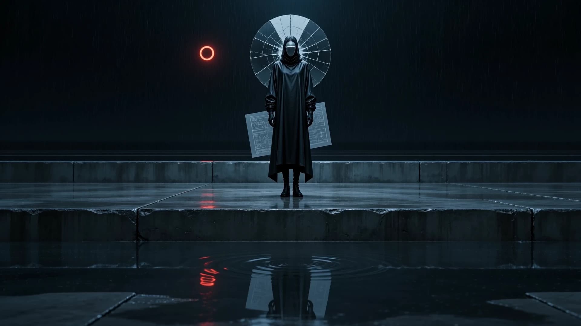 Graphic-novel market witness alone on a rain-soaked elevated train platform beneath a red eclipse ring
